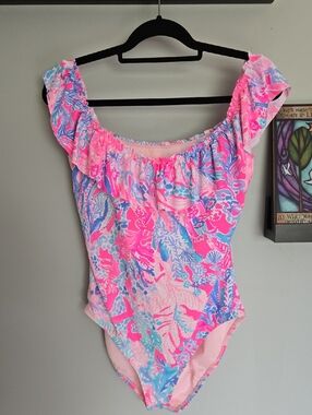 Lilly Pulitzer Pink Blue Tropical Ruffle One-Piece Swimsuit